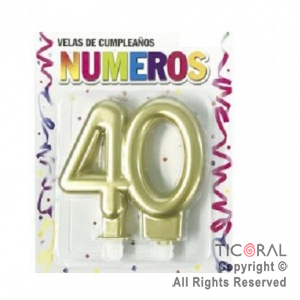 VELAS NUMERO DOBLE METALIZADA 40 AOS ORO x 1